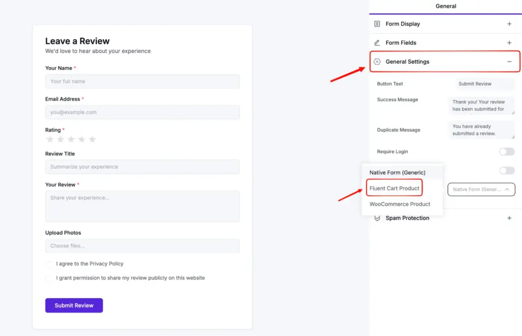 The FluentCart Product option selection dropdown to target the native review form for collecting product reviews