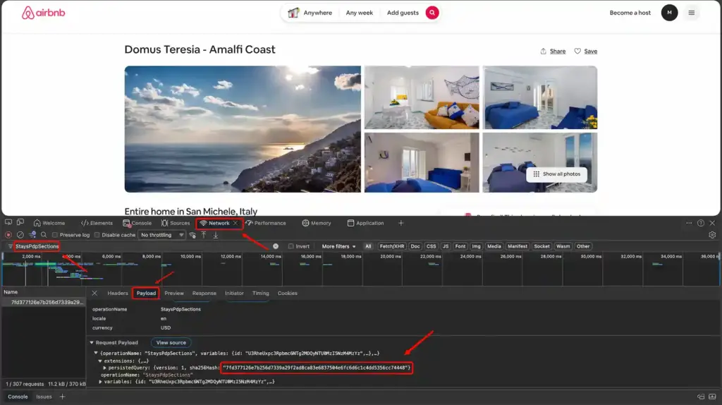 Copy sha256Hash from StaysPdpSections request in Network tab for Airbnb business info API key