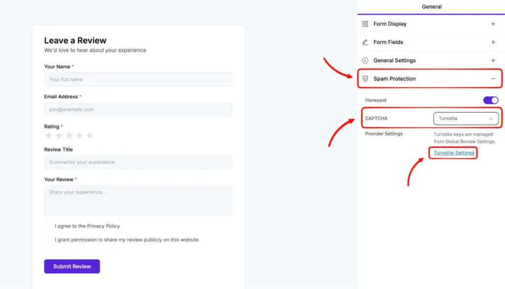 Spam protection settings for WP Social Ninja's native review form