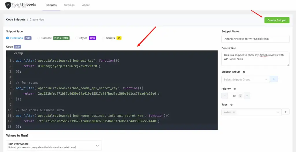 Add Airbnb API keys in FluentSnippets plugin and save snippet to connect reviews in WordPress