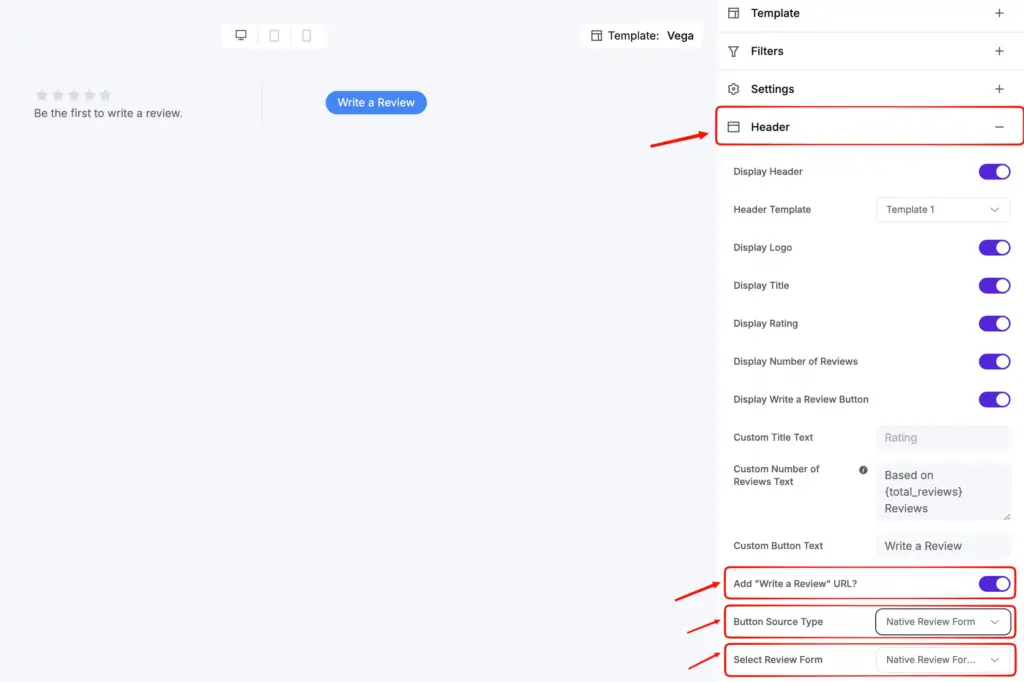 FluentCart review template Header settings pannel showing how to enable WP Social Ninja's native form as the primary review collection medium for products