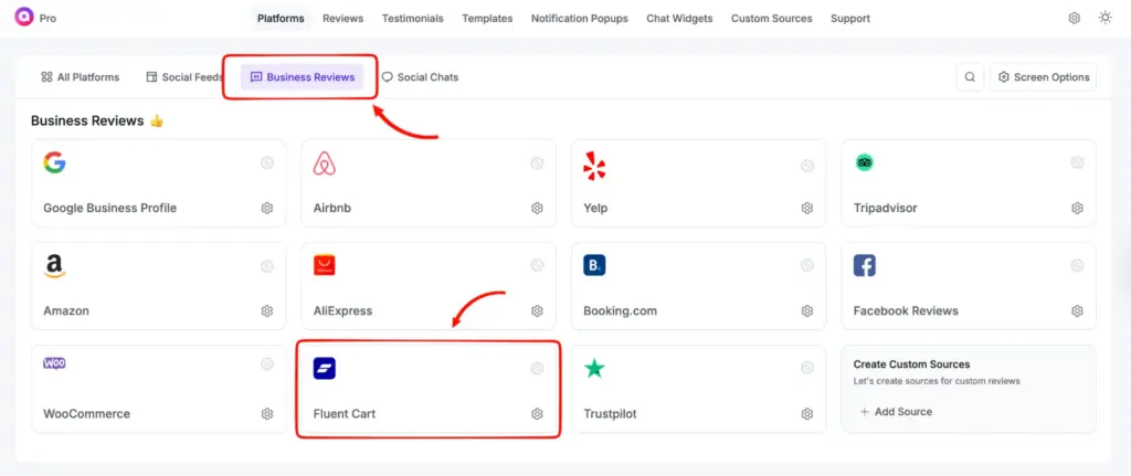 WP Social Ninja's dashboard showing FluentCart integration option