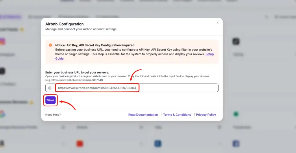 Paste Airbnb listing URL in WP Social Ninja configuration to connect and display reviews on WordPress