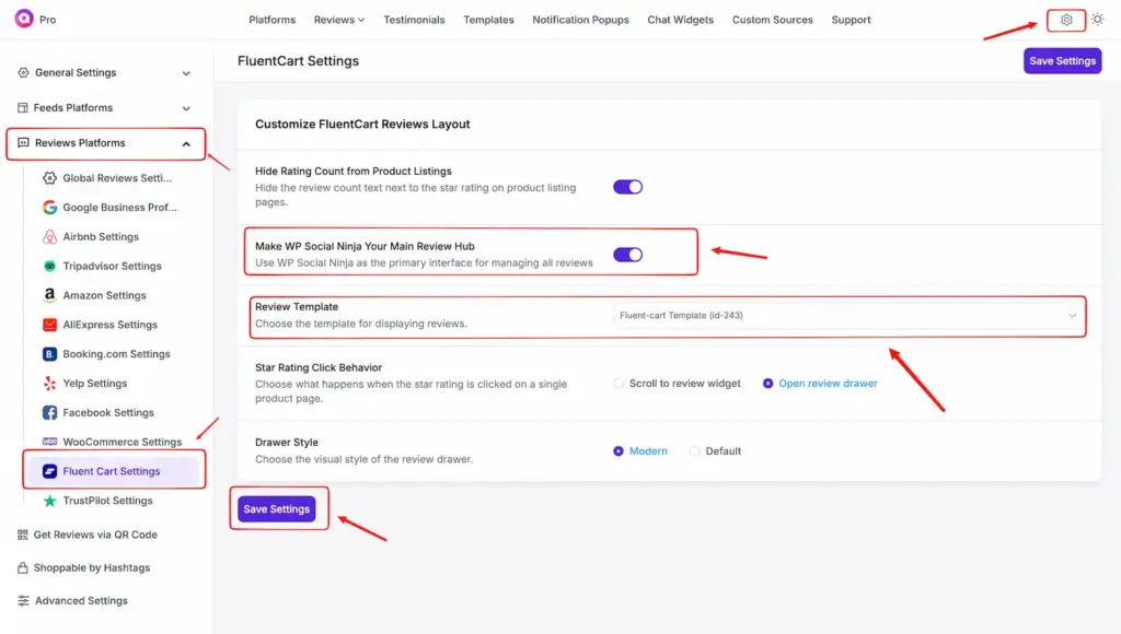 FluentCart review Settings panel inside WP Social Ninja dashboard