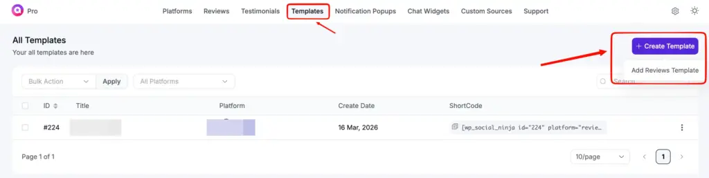 Navigate to Templates and create a new Airbnb reviews template in WP Social Ninja dashboard