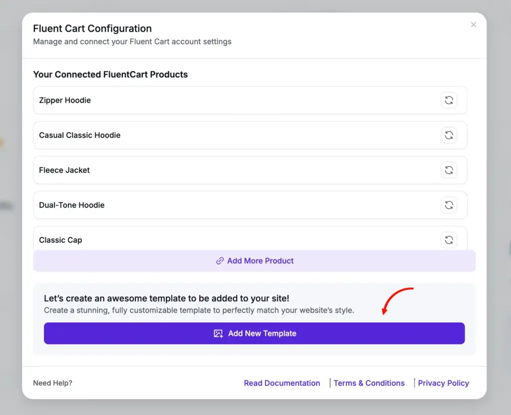 The new template creation option in WP Social Ninja for integrated products from FluentCart store