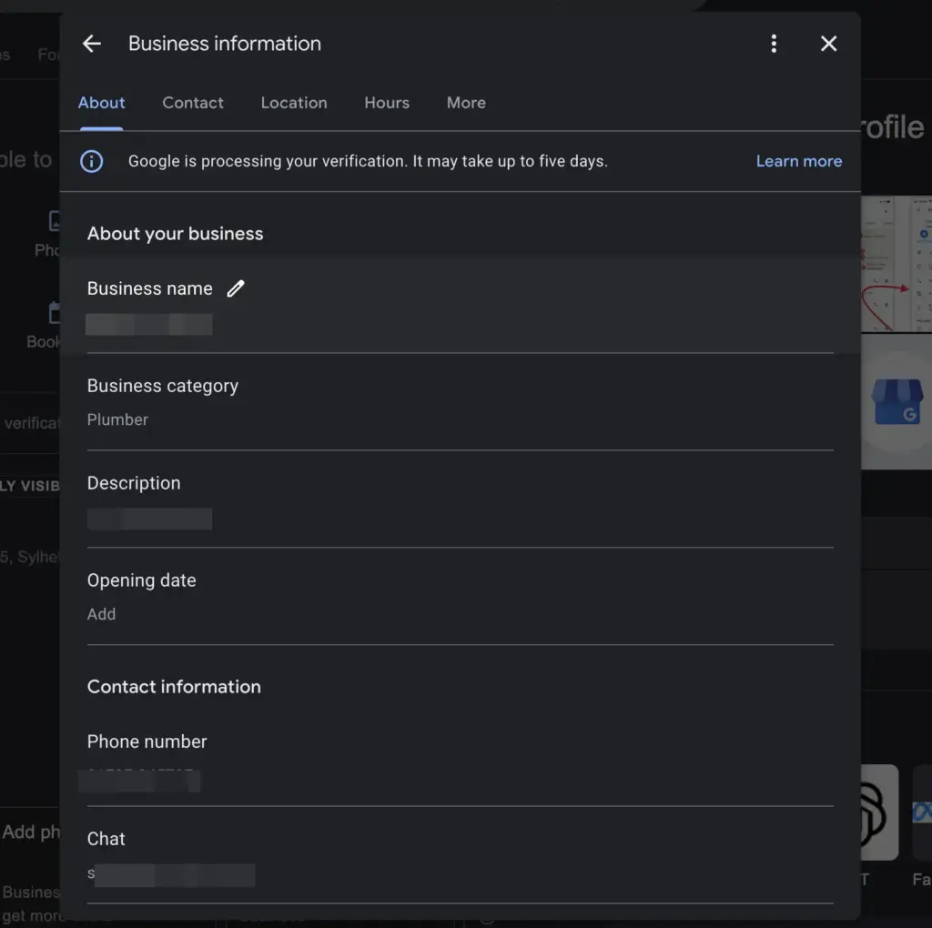 Google Business Profile dashboard showing information fields regarding a business