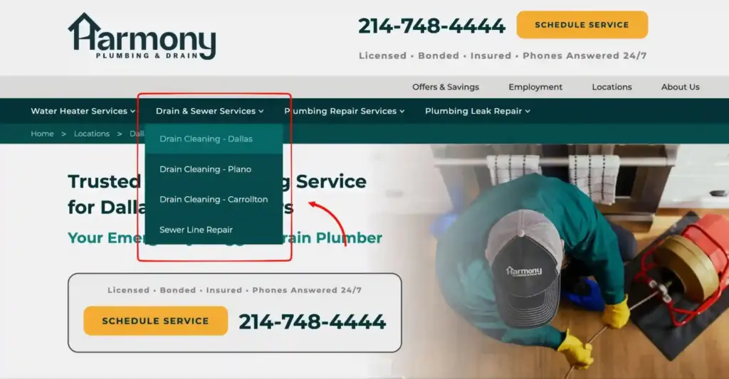 A plumbing website showing different landing pages for different areas that it covers
