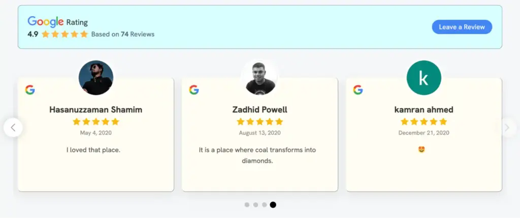 A WordPress website showing Google reviews displayed with WP Social Ninja
