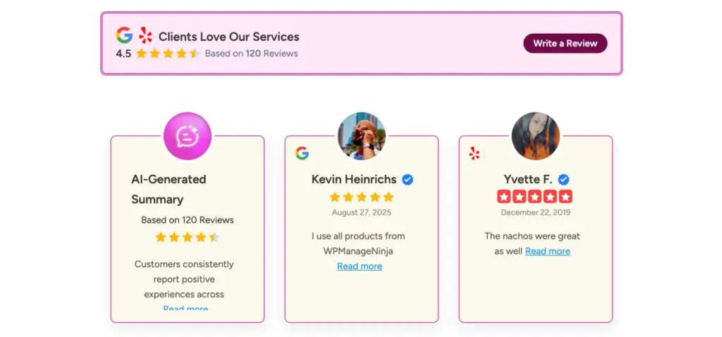 A business website showcasing reviews from multiple platforms like Google, Yelp, and Facebook embedded via WP Social Ninja