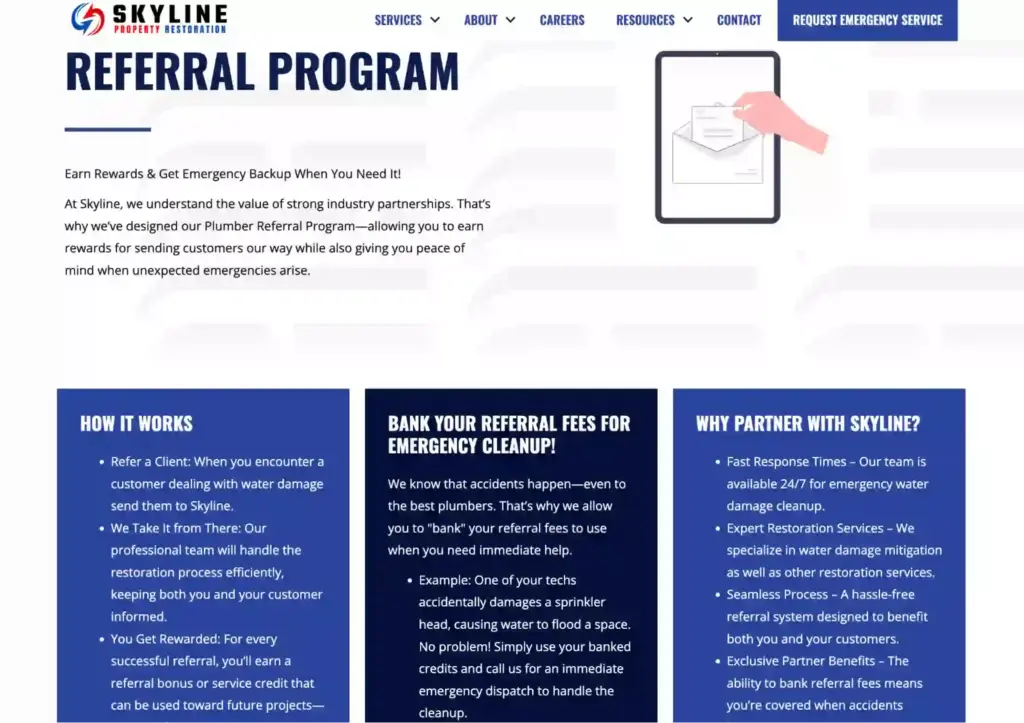 A website showcasing referral program as a part of its plumbing marketing strategies