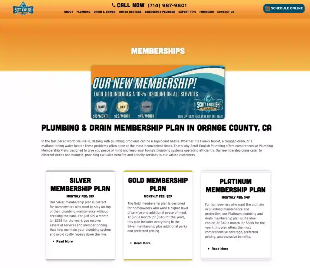 A plumbing business website showing multiple subscription plans for their clients