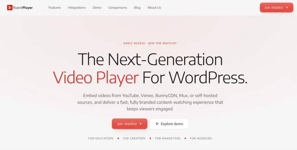 FluentPlayer homepage showcasing its navigation bars and the waitlist CTA