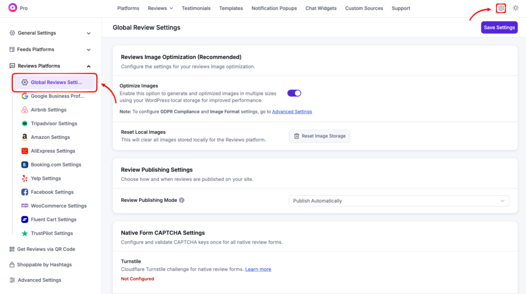The Global Review Settings pannel inside WP Social Ninja dashboard