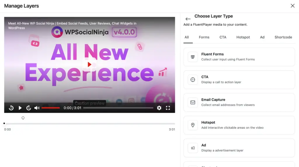 The interactive features inside FluentPlayer settings pannel showing options to place CTA, Forms, Ads, and more interactive features
