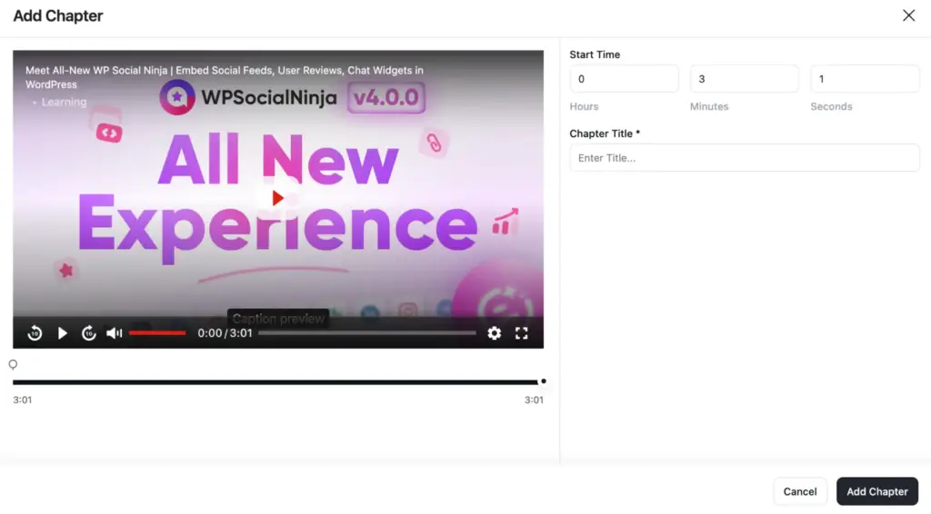 Chapter creation option inside FluentPlayer dashboard to break long form videos more organized and accessible for visitors
