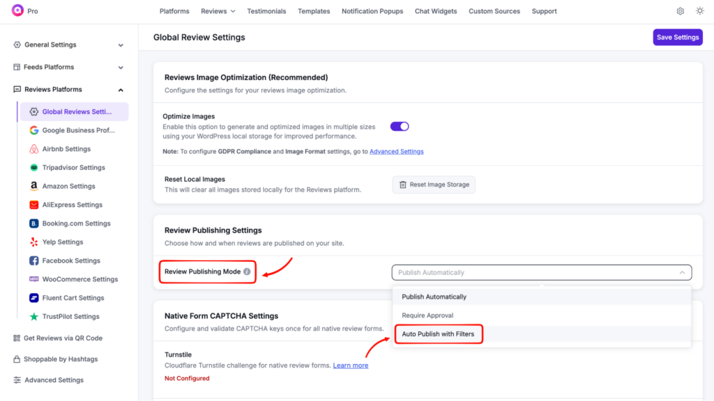 Three review publishing modes of WP Social Ninja for showing business reviews on WordPress