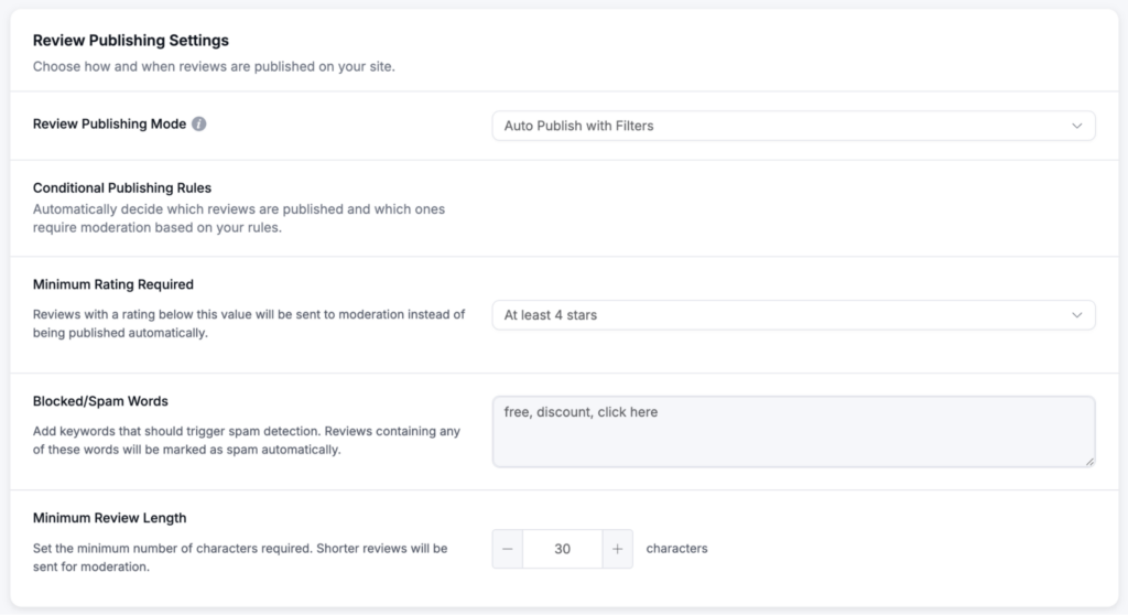 Conditions for auto publish rules inside WP Social Ninja dashboard