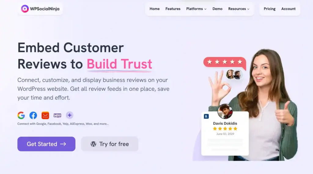 WP Social Ninja Business Reviews integration feature's landing page