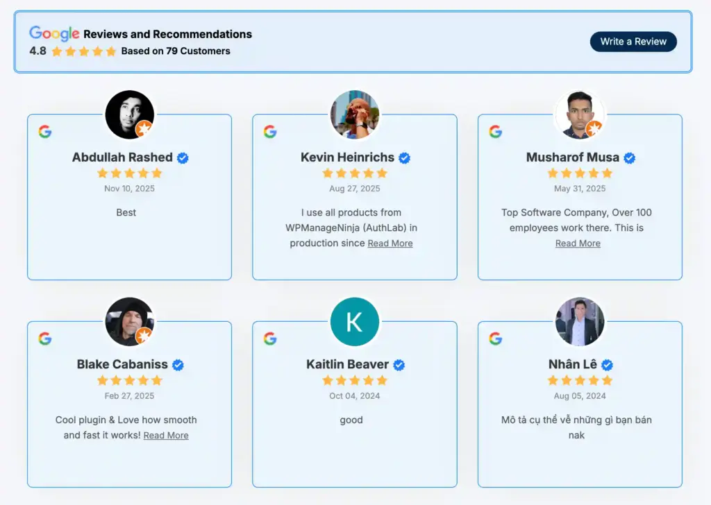 Google reviews displayed in a landing page using WP Social Ninja