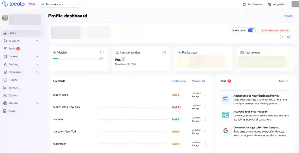 Localo dashboard, an important local SEO tool, showing what to improve for a local business to improve its visibility and authenticity