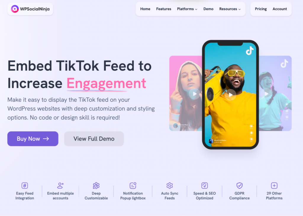 WP Social Ninja TikTok feed page showing how to embed TikTok videos on a WordPress site to promote products on TikTok