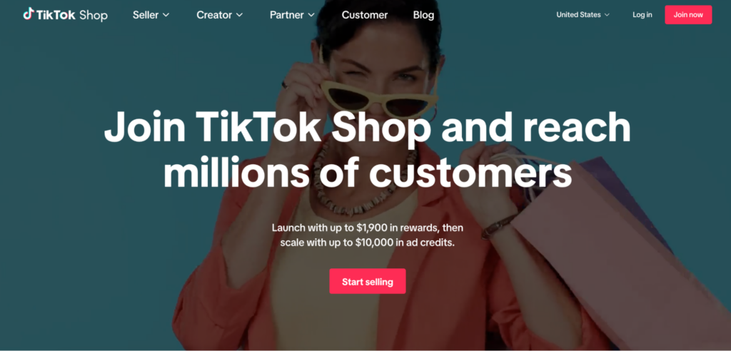 TikTok Shop seller landing page showing how to promote products on TikTok, with a Start selling button and sign-up rewards