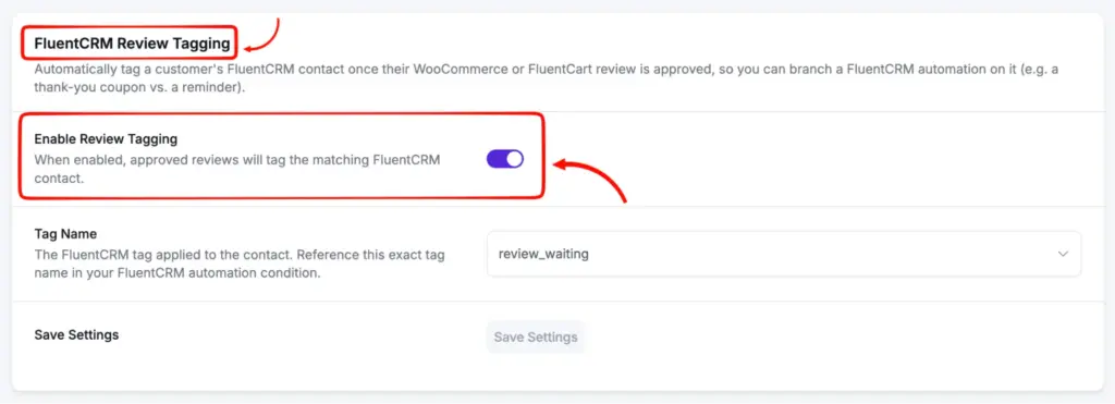 fluentcrm review tagging card inside wp social ninja