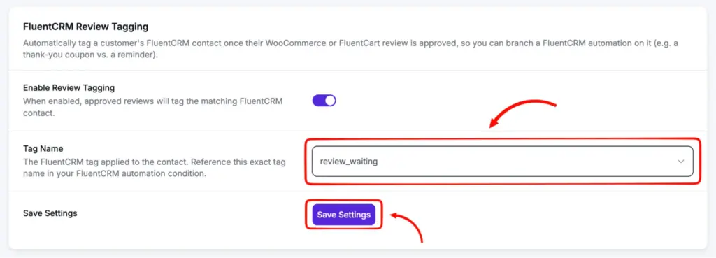 fluentcrm review tag name