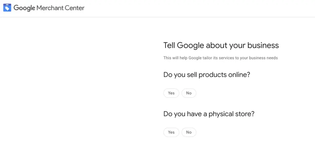 Google Merchant Center set up page for new businesses