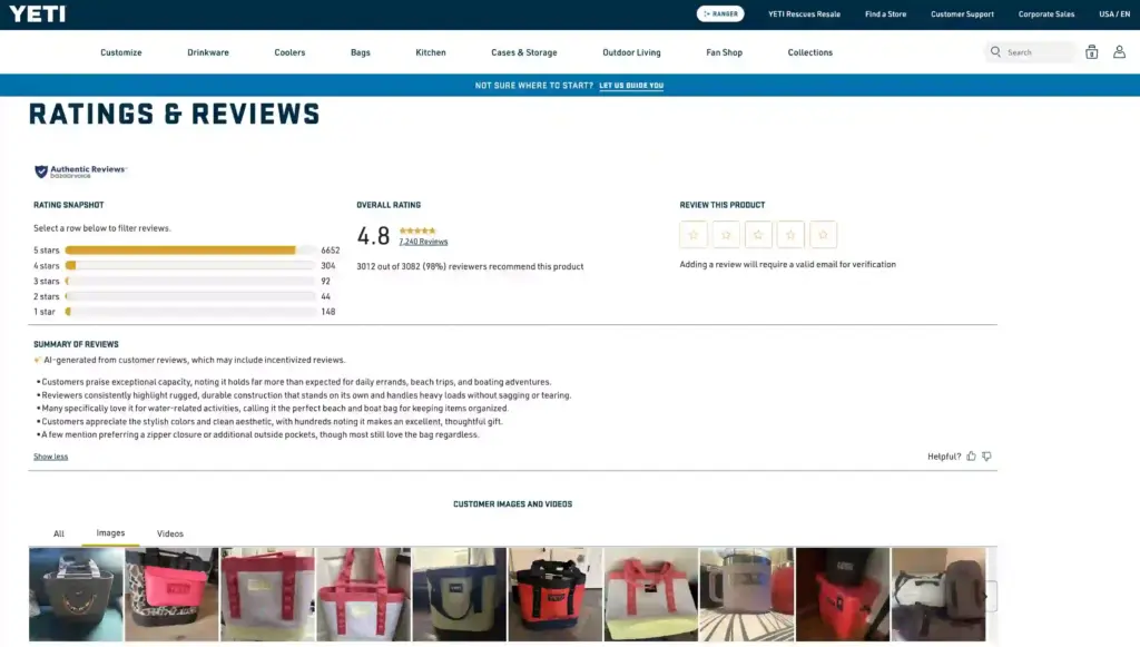 Example of ecommerce social proof on product page