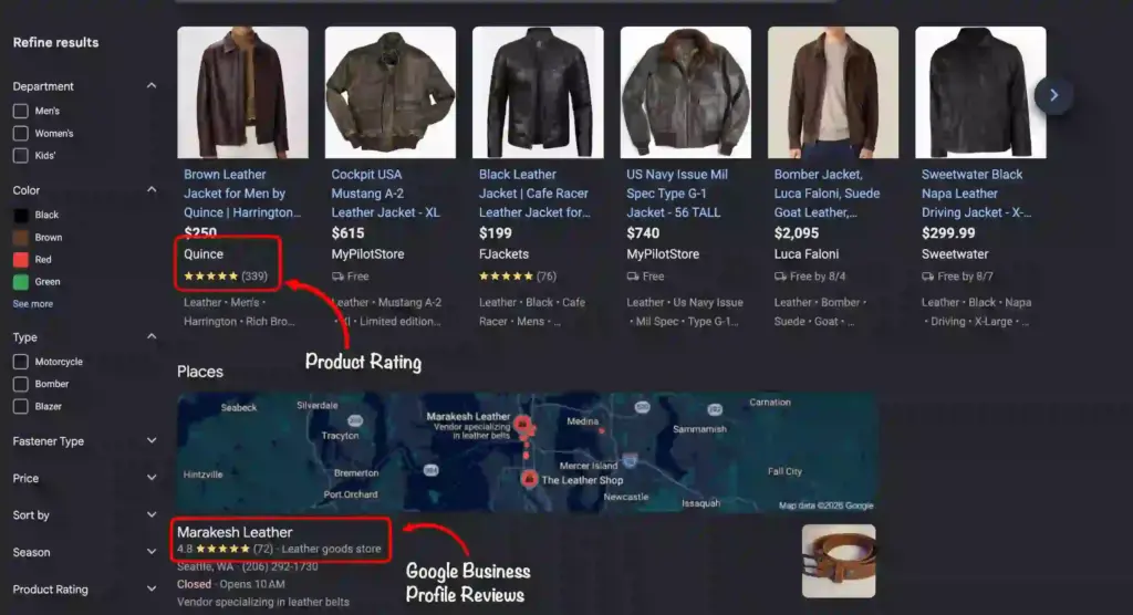 Example of google product rating and business profile review on shopping tab