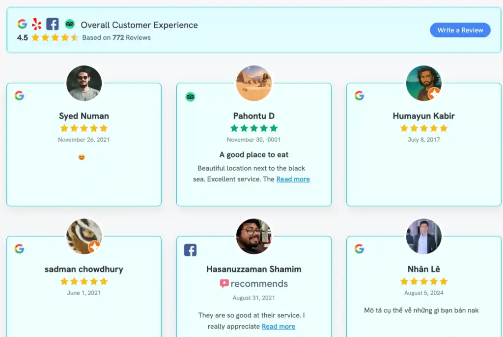Example of aggregated reviews from multiple platforms