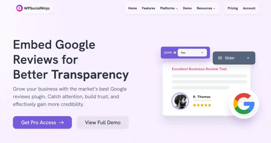 The Google reviews landing page of WP Social Ninja