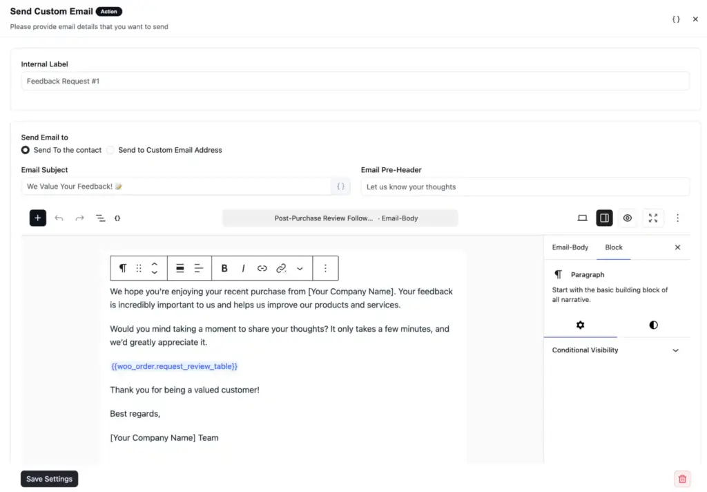 review requesting email inside fluentcrm automation funnel