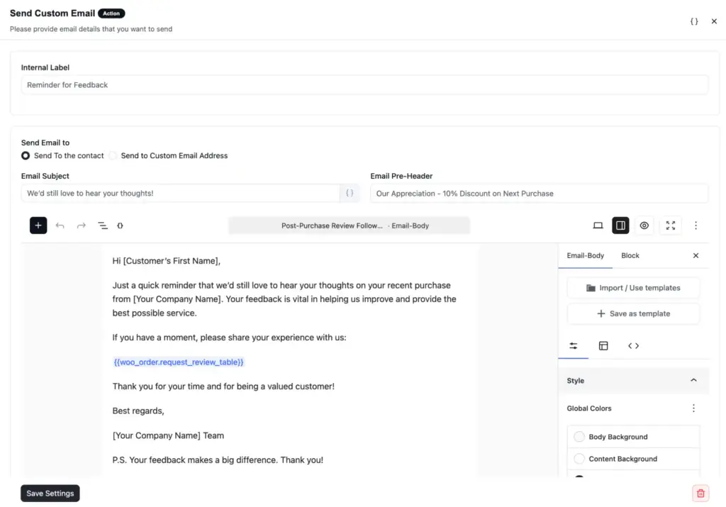 review requesting follow up email inside fluentcrm automation funnel