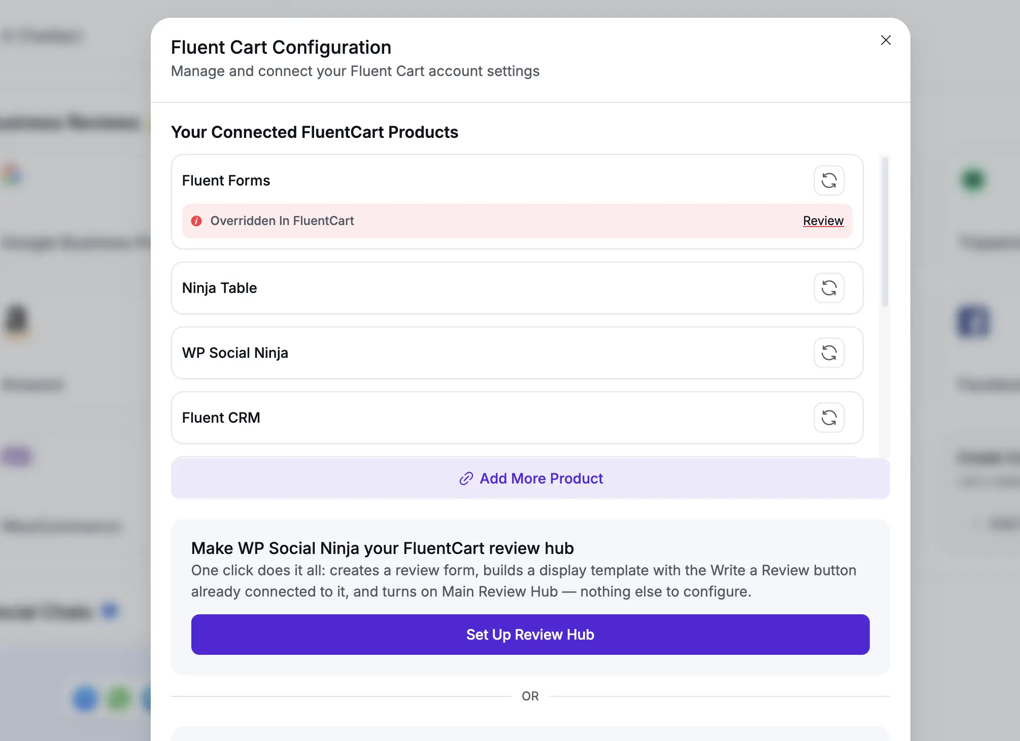 Quick Setup button inside the FluentCart connect modal, next to the manual Add New Template option