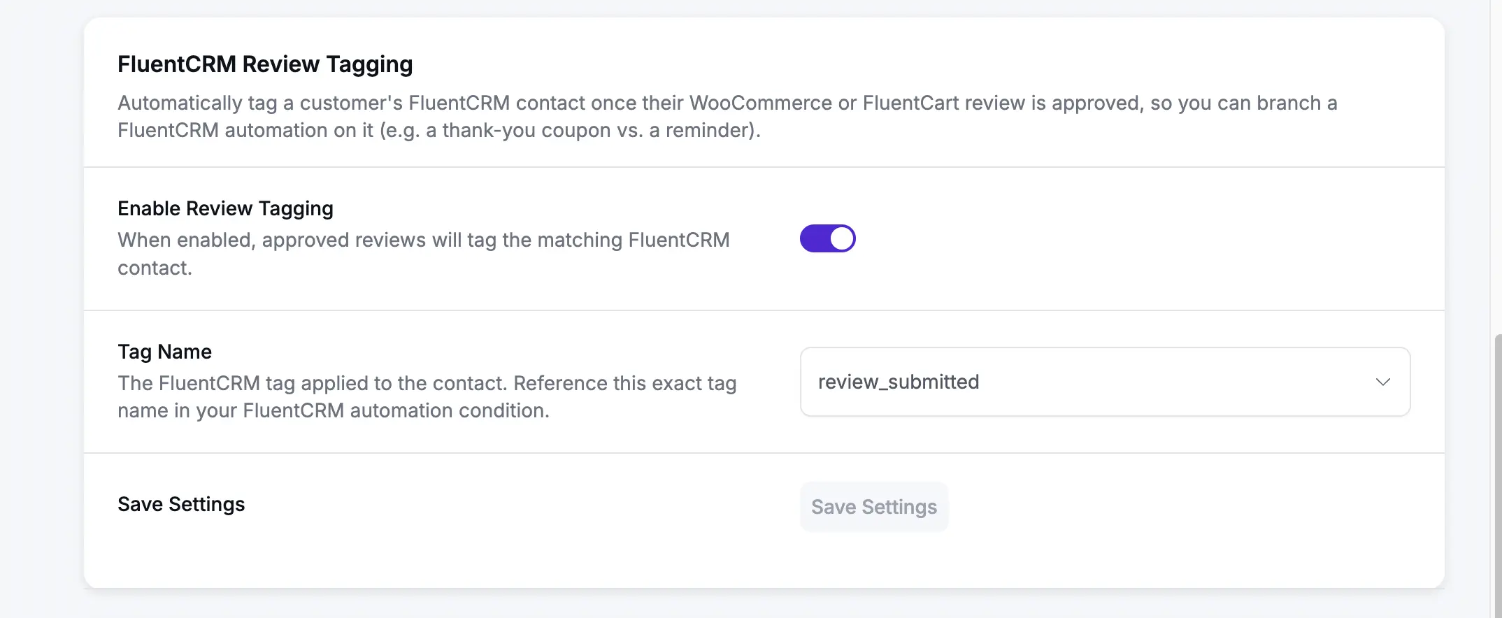WP Social Ninja's FluentCRM Review Tagging settings card showing the Enable Review Tagging toggle and a Tag Name dropdown defaulting to review_submitted
