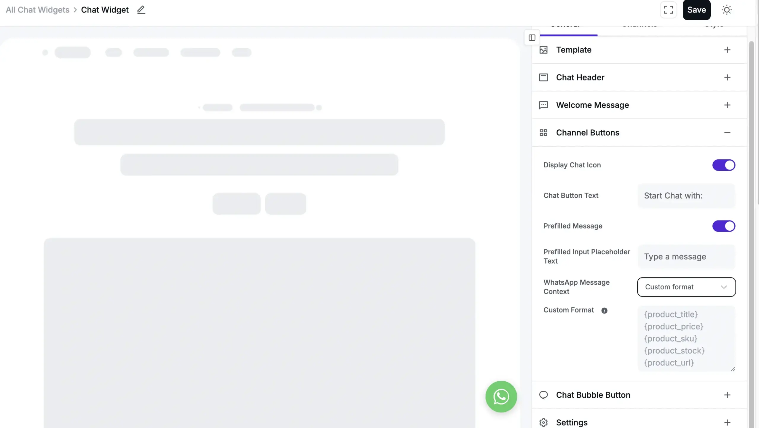 Custom Format field for the WhatsApp prefilled message, with a tooltip listing available placeholders: page_title, page_url, product_title, product_price, product_sku, product_stock, and product_url