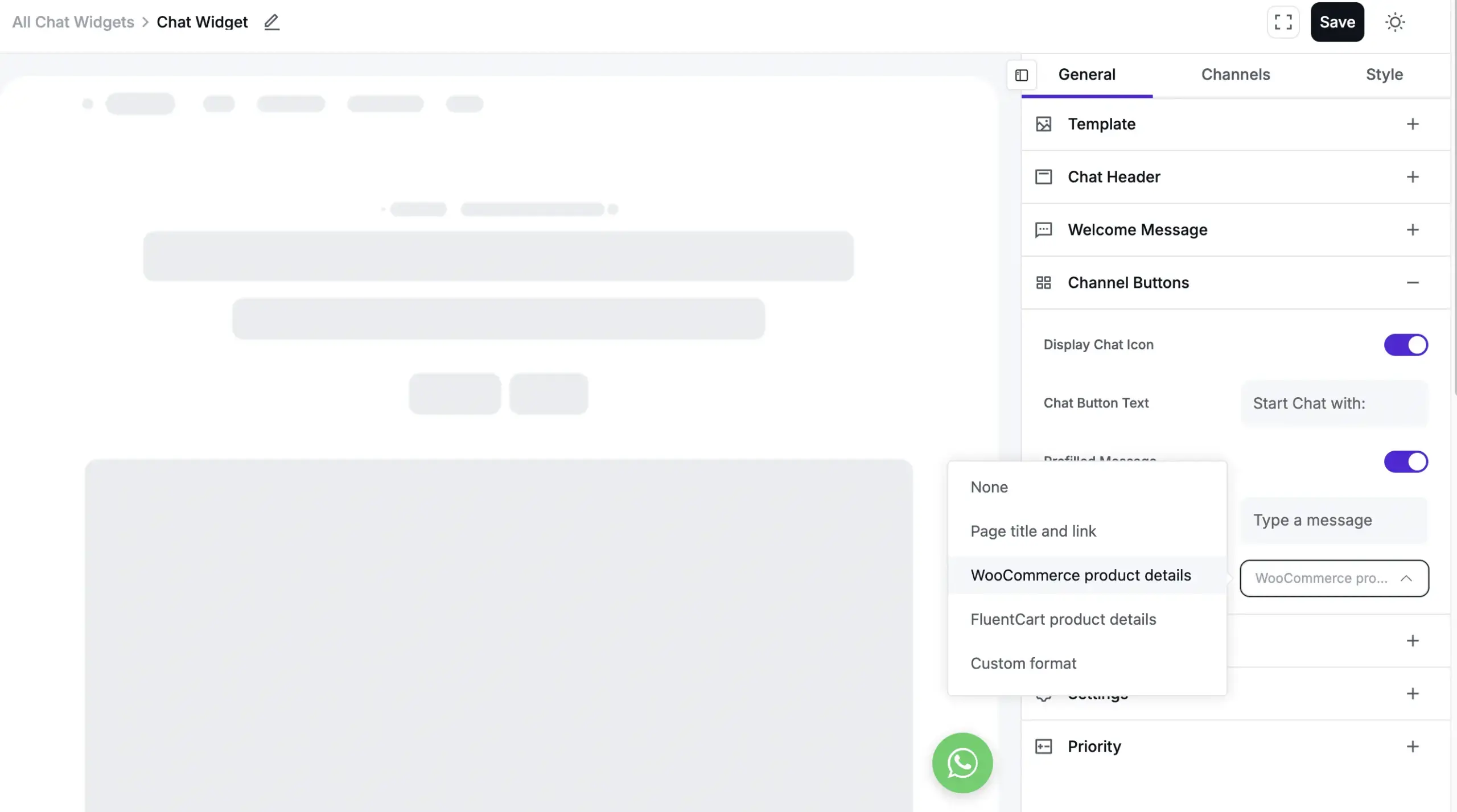 WhatsApp chat widget settings showing the Prefilled Message format dropdown set to WooCommerce product details, with None, Page title and link, and FluentCart product details as other options