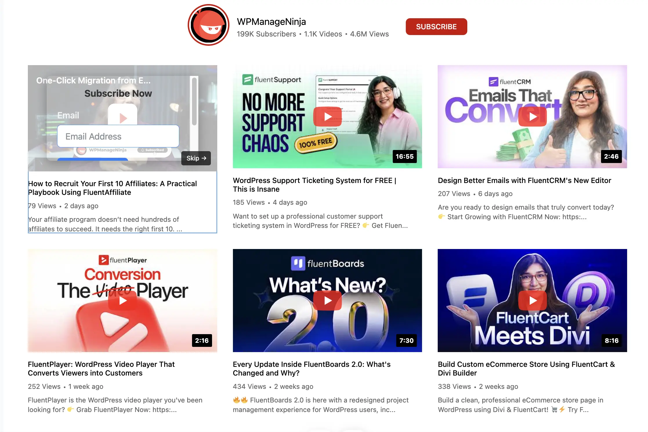 A YouTube feed video playing in Fluent Player on the frontend with an email capture layer visible over the video