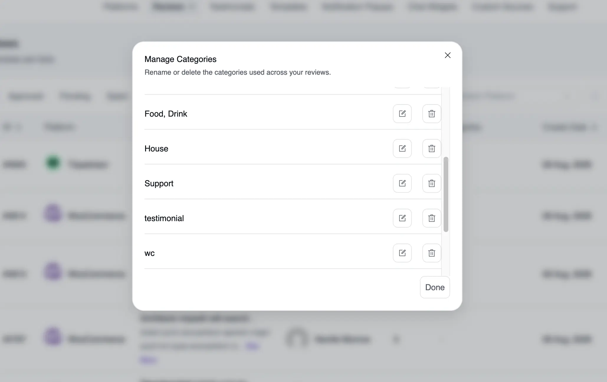 manage reviews categories