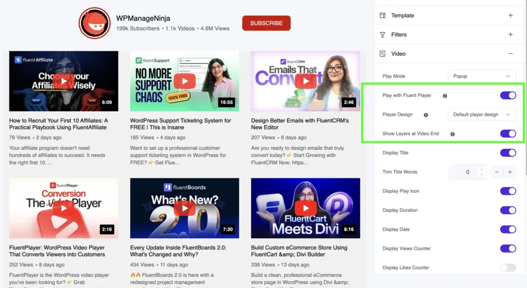 youtube video play with fluent player