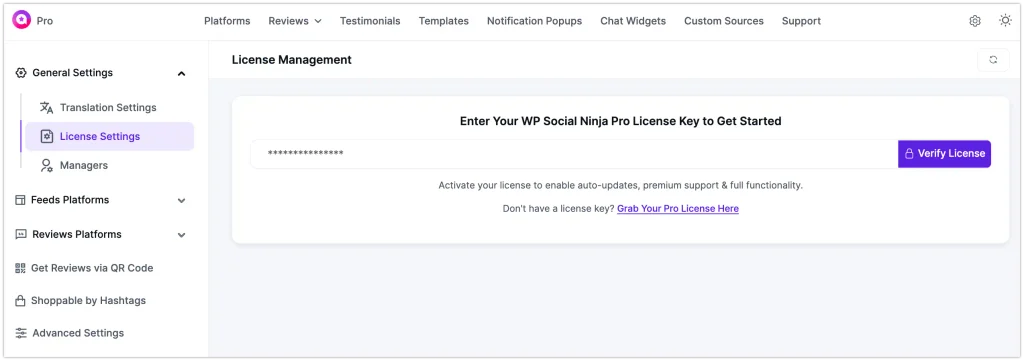 wp social ninja pro licence dashboard