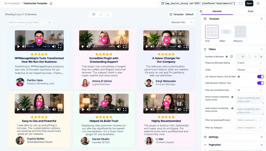 testimonial template dashboard editor