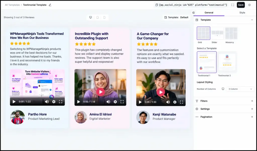 testimonial template editor dashboard