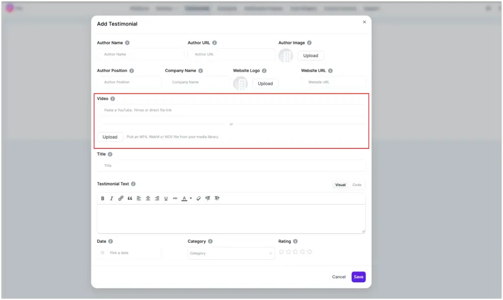testimonials input field