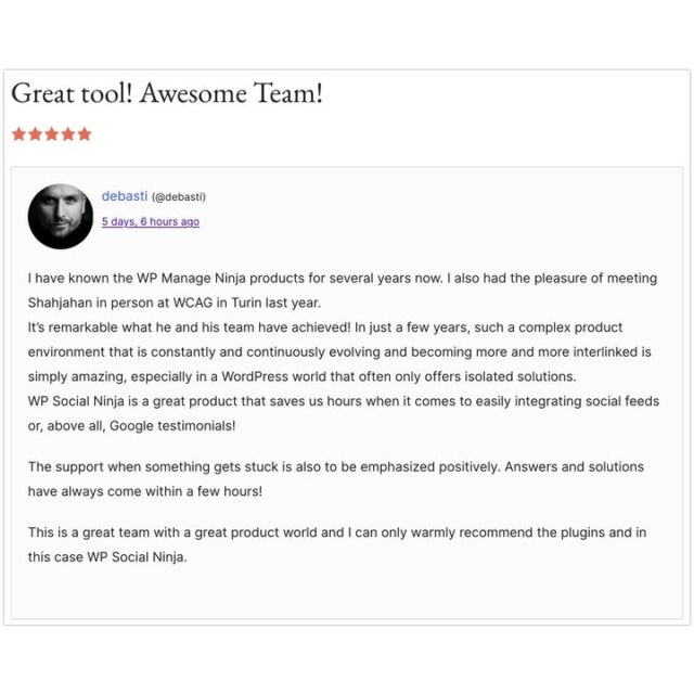 Our recipe for success is simple: we put ourselves in our users' shoes, identify their pain points, and provide solutions for them.

From great product experience to instant support, our users are our lifeline. Thank you for your kind words.

Explore WP Social Ninja to see for yourself.👇 
https://wpsocialninja.com/ 

#CustomerReview #ClientFeedback